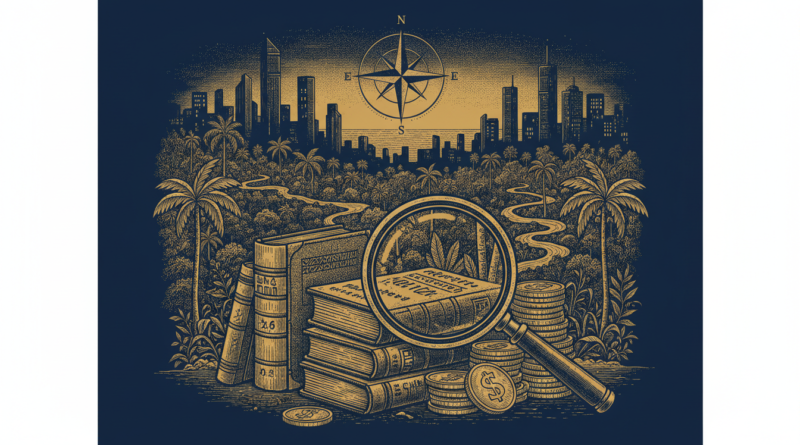 Illustration éditoriale : registres comptables et pièces sous une loupe devant une forêt équatoriale et une ville côtière, en bleu marine et or