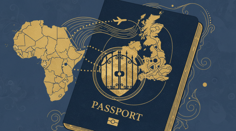 Illustration éditoriale d'un passeport, d'un tampon de visa et d'une barrière fermée, symbole des restrictions de visas entre le Royaume-Uni et l'Érythrée