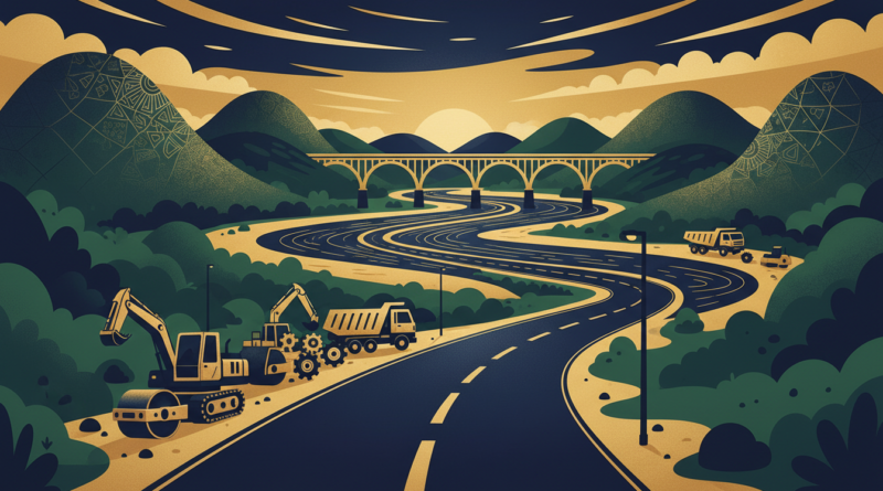 Illustration éditoriale : une route bitumée serpentant à travers des plateaux verts avec un pont sur un fleuve, en bleu marine et or
