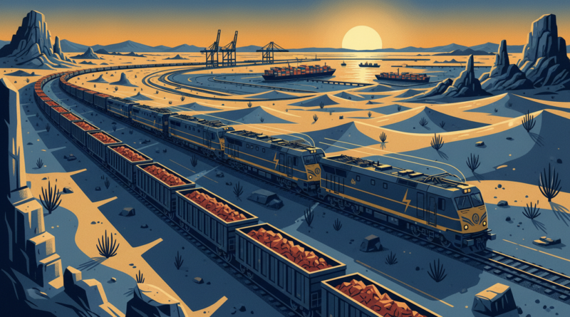 Illustration éditoriale : un long train de minerai de fer traversant un paysage semi-aride vers un port, en bleu marine et or