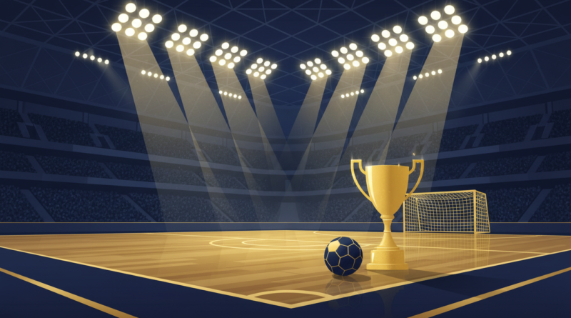 Illustration éditoriale : un terrain de futsal en salle avec un ballon près du but et un trophée doré, en bleu marine et or