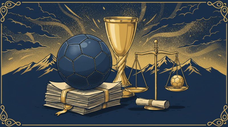 Illustration éditoriale : un ballon de football posé sur des documents juridiques à côté d'une balance de la justice et d'un trophée, en bleu marine et or