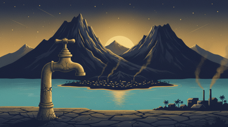 Illustration éditoriale : une île tropicale au crépuscule avec un robinet à sec au premier plan et de la fumée au-dessus d'une ville, en bleu marine et or