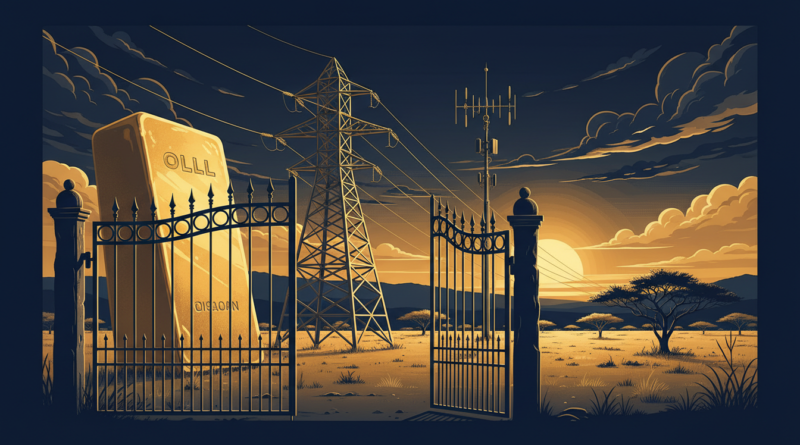Illustration éditoriale : lingot d'or, pylône électrique et antenne télécom derrière une grille protectrice dans un paysage sahélien, en bleu marine et or