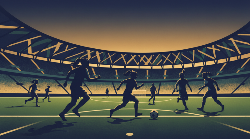 Illustration d'un match de football féminin de jeunes dans un stade marocain, tons bleu marine et or