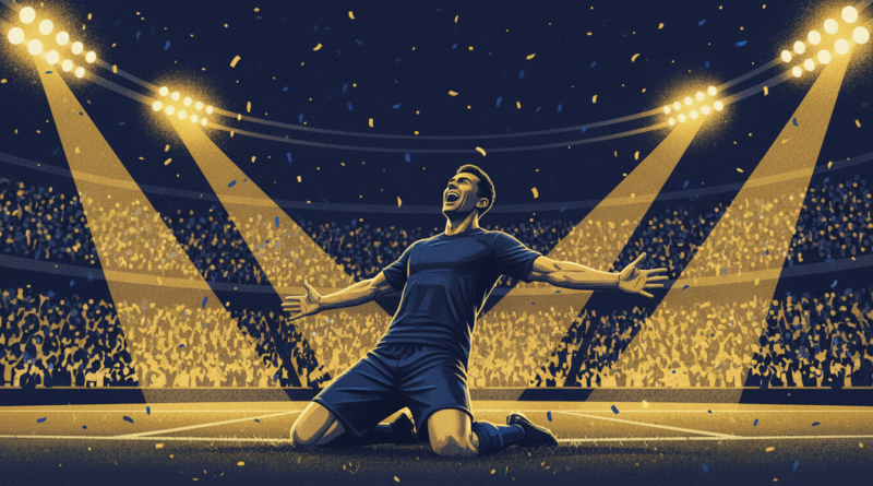 Illustration d'un attaquant célébrant un but lors d'un match de Ligue des champions sous les projecteurs