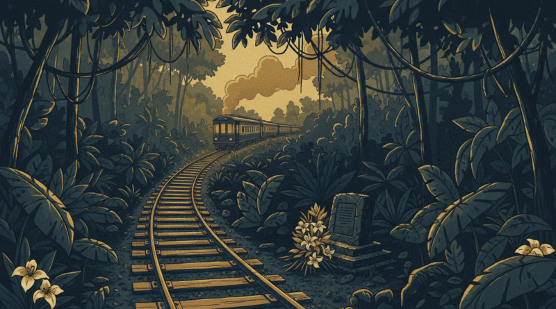 Illustration d'une voie ferrée traversant la forêt camerounaise avec une stèle fleurie au bord des rails