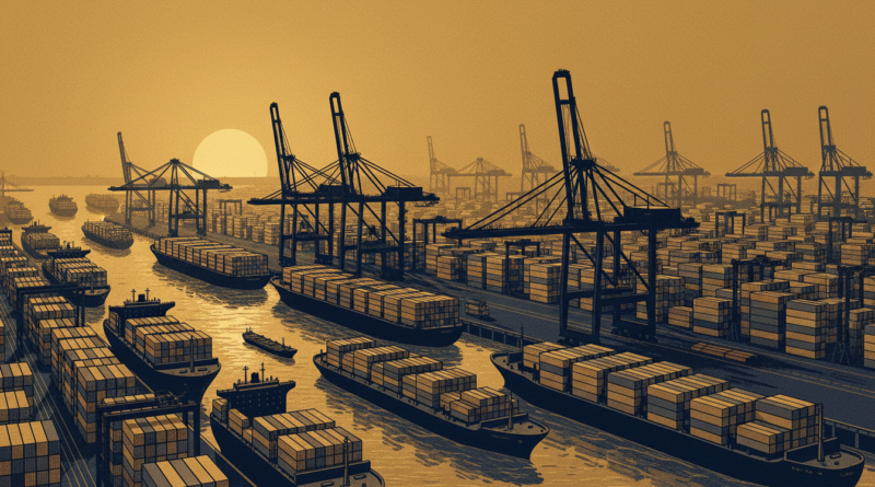Illustration d'un port à conteneurs congestionné avec des navires en attente au mouillage