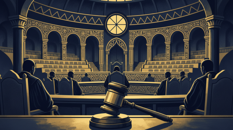 Illustration éditoriale d'une cour constitutionnelle face à un hémicycle parlementaire, évoquant le bras de fer institutionnel au Sénégal