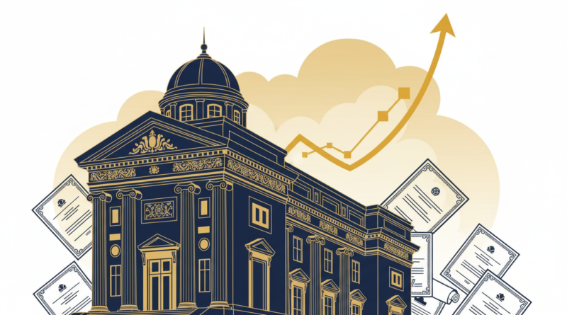 Illustration d'une façade de banque au Caire avec une courbe boursière dorée