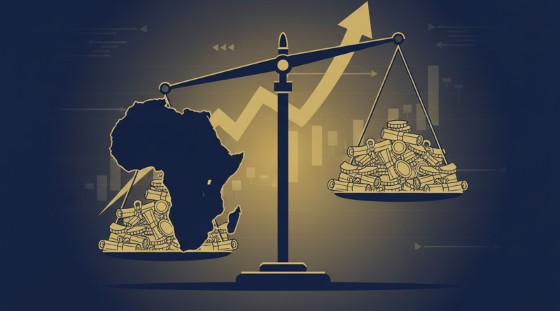 Illustration du continent africain sous le poids d'obligations et de pièces, symbole de la dette souveraine