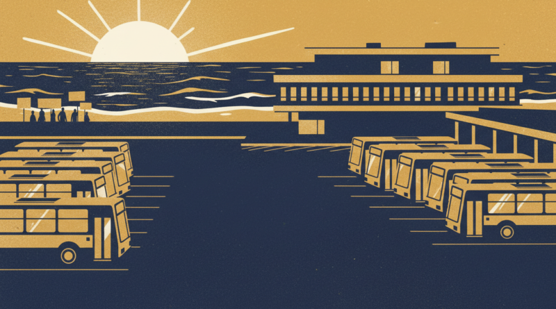 Illustration d'un dépôt de bus vide à Dakar et de silhouettes de manifestants, symbole de la grève générale