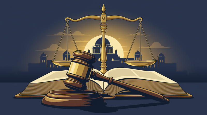 Illustration d'un marteau de juge sur un code pénal ouvert avec une balance de la justice