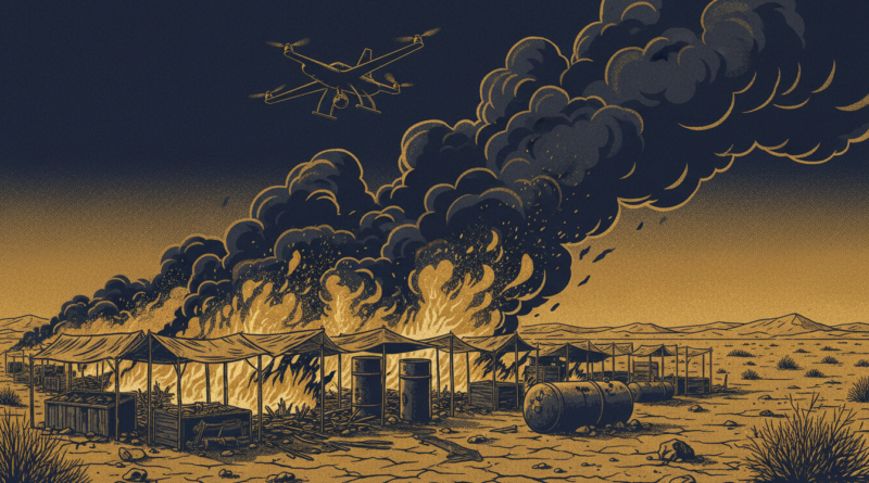 Illustration d'un marché incendié dans une zone frontalière avec la silhouette d'un drone dans le ciel