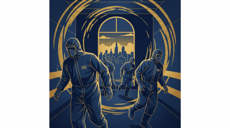 Illustration de soignants en combinaison de protection dans un service d'isolement, avec un motif de virus Ebola