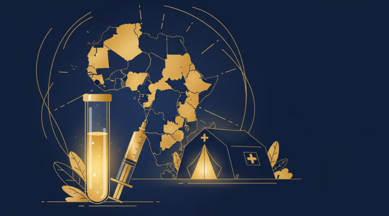 Illustration d'un flacon de vaccin et d'une seringue devant une carte stylisée de l'Afrique centrale