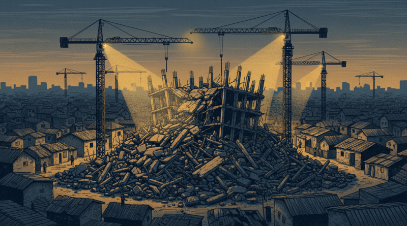 Illustration des décombres d'un immeuble effondré dans un quartier dense de Nairobi, avec des grues de secours