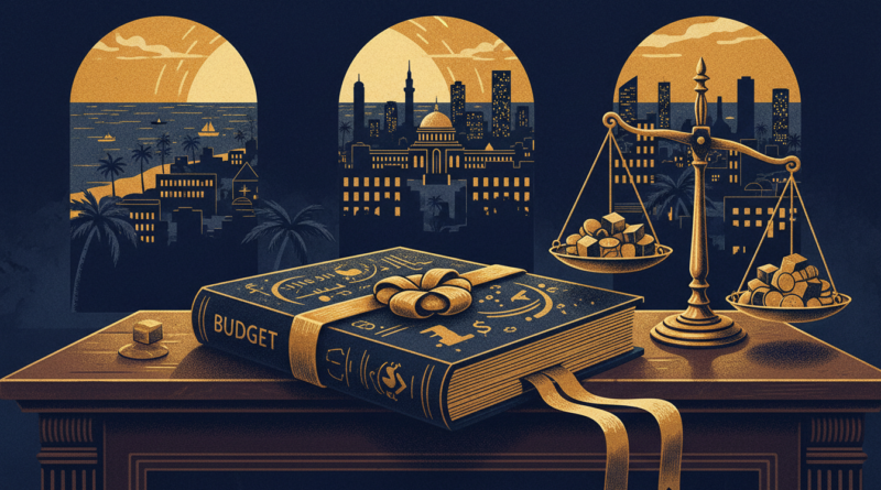 Illustration d'un projet de budget posé sur un pupitre parlementaire avec une balance déséquilibrée
