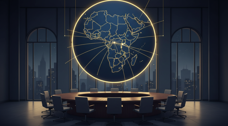 Illustration d'une table de sommet devant une carte de l'Afrique orientale et australe reliée par des routes commerciales
