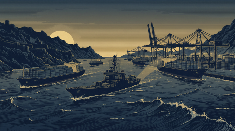 Illustration d'un détroit maritime avec des navires marchands et un port à grues sur la côte africaine