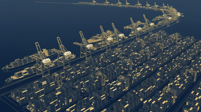 Illustration d'un port à conteneurs saturé avec une file de navires en attente au large