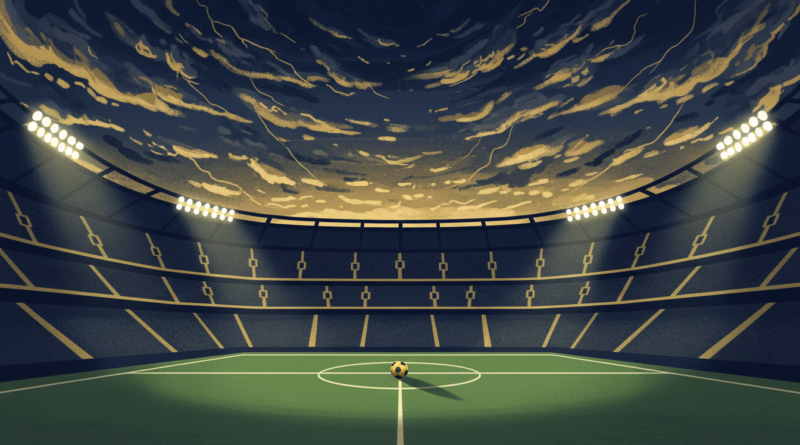 Illustration d'un stade de football de nuit avec un ballon posé au rond central
