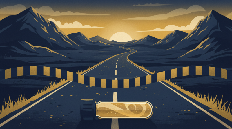 Illustration d'une route de marathon déserte avec un flacon d'échantillon antidopage au premier plan