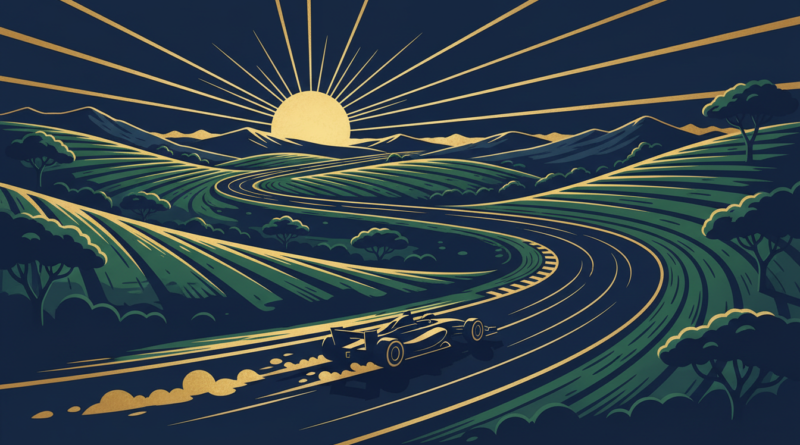 Illustration d'un circuit automobile serpentant entre des collines verdoyantes d'Afrique de l'Est