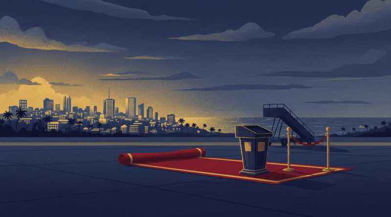 Illustration d'un tarmac d'aéroport vide avec un tapis rouge enroulé, symbole d'une visite officielle annulée