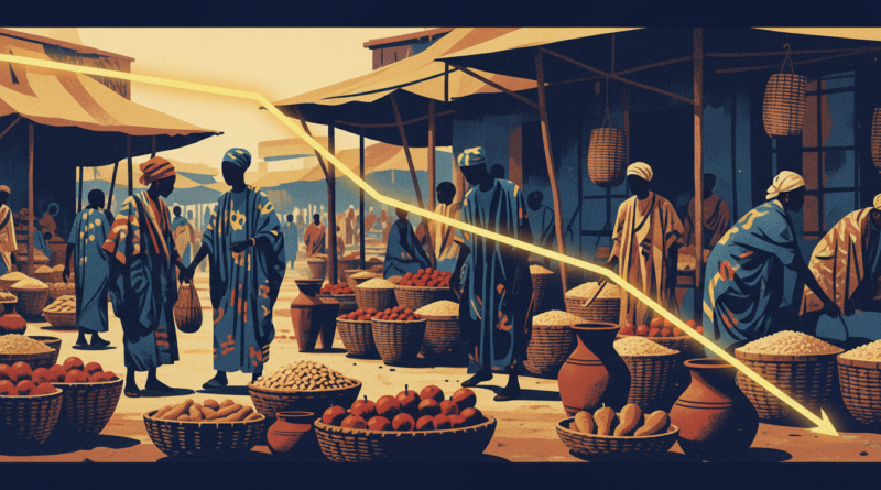 Illustration éditoriale d'un marché vivrier ouest-africain surmonté d'une courbe descendante, symbole du ralentissement de l'inflation au Nigeria
