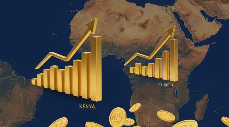 Illustration éditoriale de deux graphiques en barres sur une carte de l'Afrique de l'Est, symbole du dépassement de l'Éthiopie par le Kenya en PIB nominal
