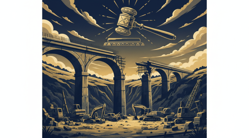 Illustration éditoriale d'une ligne ferroviaire inachevée dans les hauts plateaux éthiopiens sous un marteau d'arbitrage