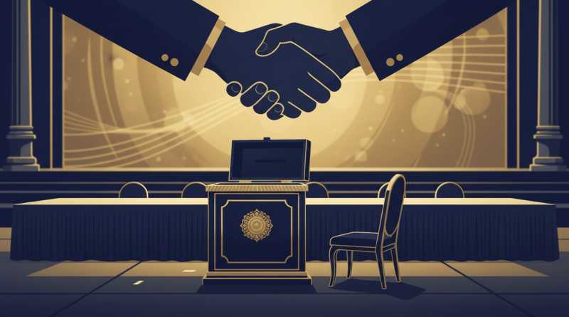 Illustration éditoriale d'une urne et d'une chaise laissée vide dans une salle de convention, symbole d'un retrait au nom de la démocratie