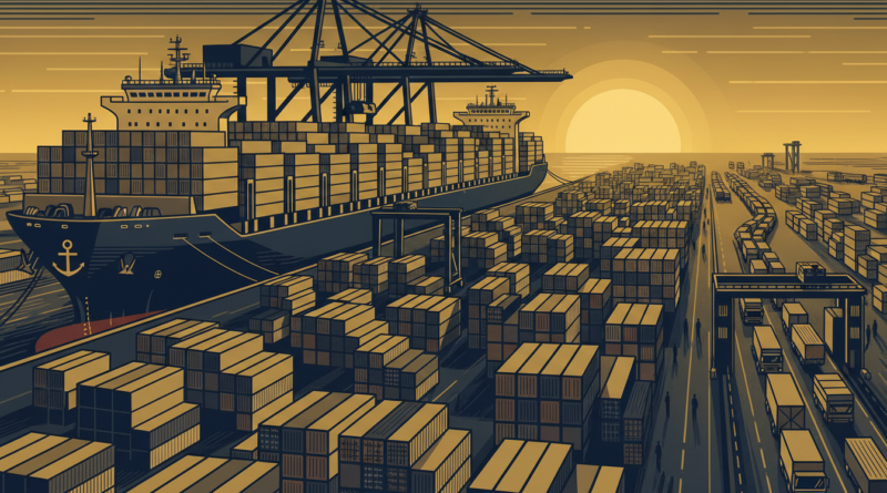 Illustration éditoriale d'un porte-conteneurs géant dans un port ouest-africain saturé, avec des files de camions à l'entrée