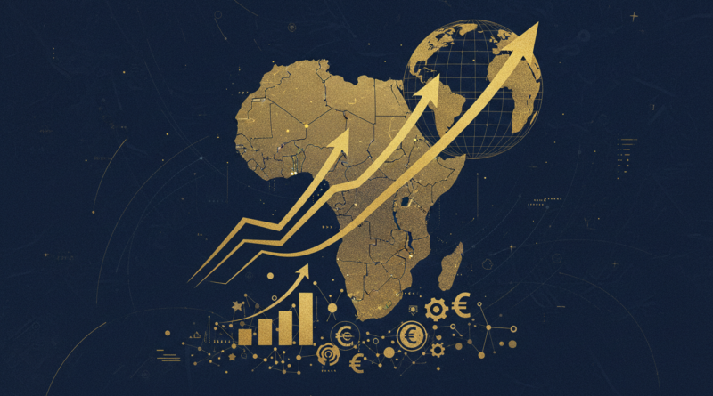 Illustration de la carte de l'Afrique avec des courbes de croissance ascendantes, en tons bleu marine et or