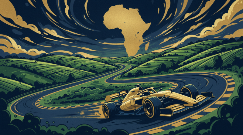Illustration éditoriale d'une monoplace de course sur un circuit sinueux au milieu de collines verdoyantes