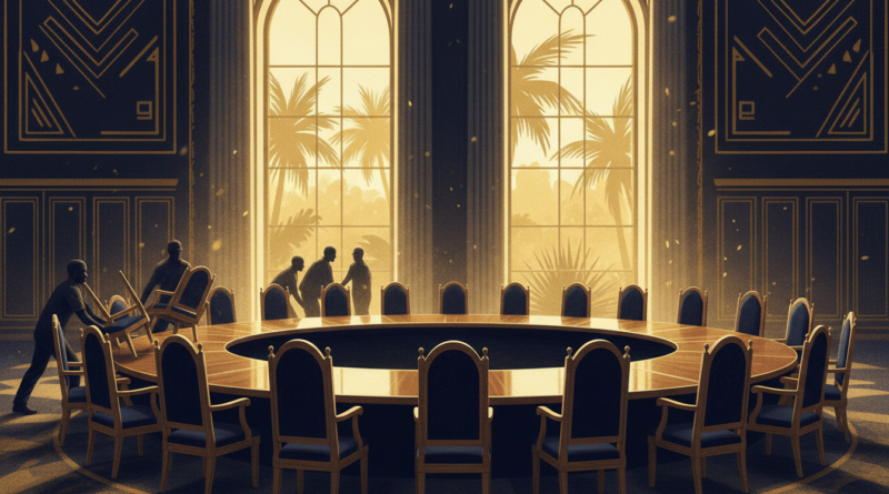 Illustration éditoriale d'une table du Conseil des ministres dont plusieurs chaises sont remplacées, symbole d'un remaniement