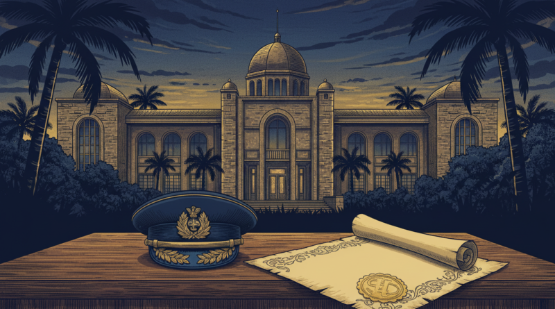 Illustration d'un palais présidentiel avec une casquette militaire et un décret sur un bureau