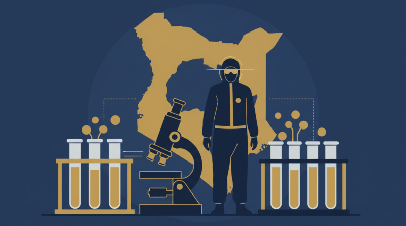 Illustration d'un laboratoire et d'un soignant en tenue de protection devant une carte du Kenya, évoquant la riposte à Ebola
