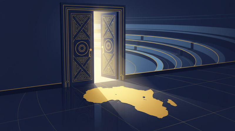 Illustration symbolique d'une porte monumentale entrouverte sur un hémicycle diplomatique, l'Afrique dessinée au sol