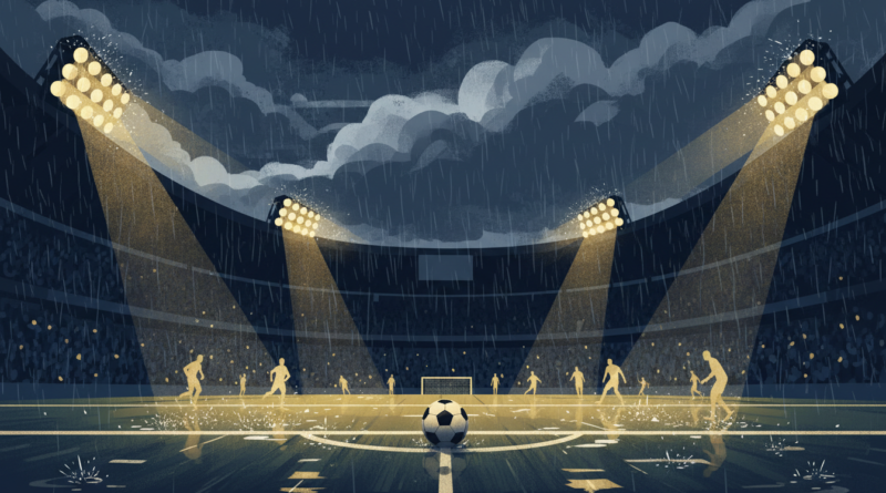 Illustration d'un stade de football africain sous l'orage, symbolisant les matchs aller de la Ligue des champions CAF