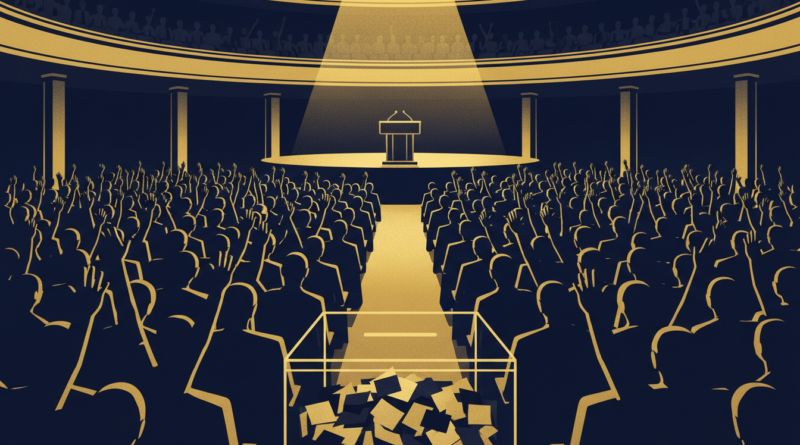 Illustration d'un congrès politique avec des délégués votant, évoquant l'élection à la tête du MRC au Cameroun