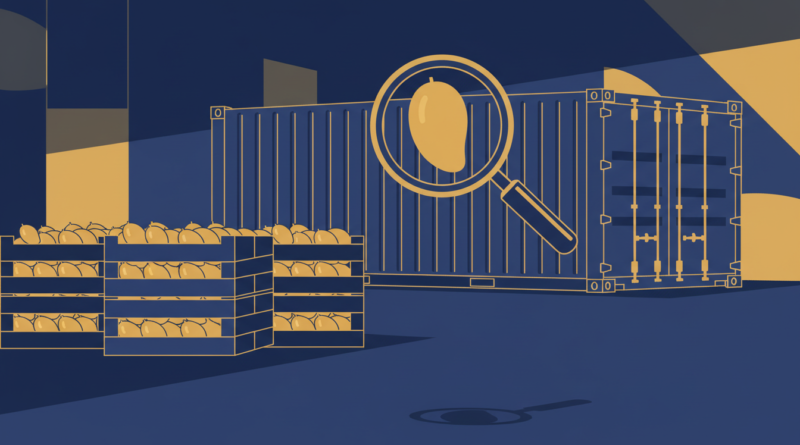 Cagettes de mangues devant un conteneur fermé, illustrant la suspension des exportations ivoiriennes vers l'Union européenne