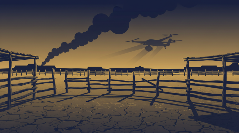 Illustration d'un marché au bétail déserté au Darfour sous l'ombre d'un drone