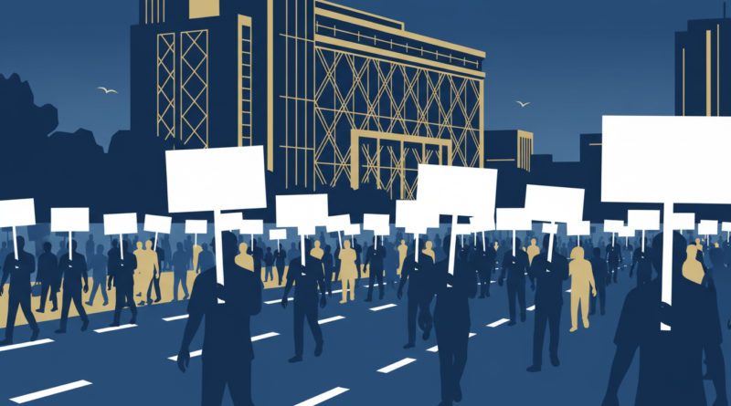 Marche de travailleurs anonymes devant un bâtiment administratif, illustrant la tension sociale au Sénégal avant une grève générale