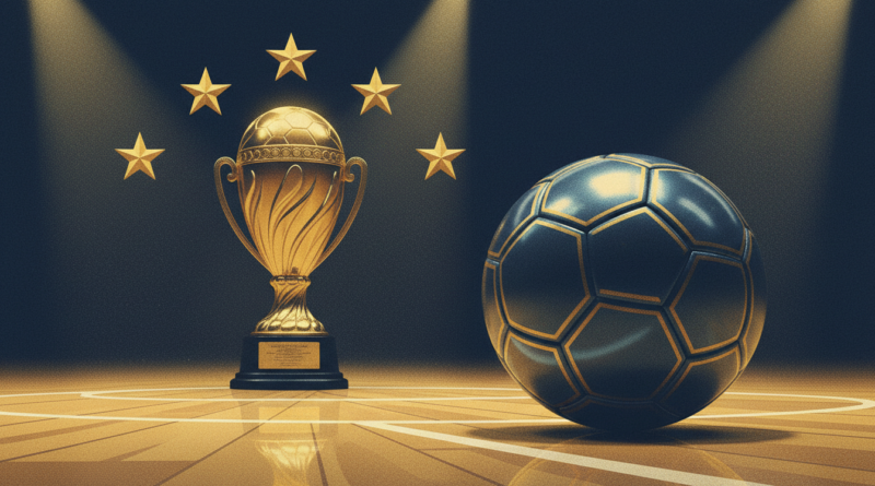 Illustration d'un ballon de futsal et d'un trophée doré dans une salle couverte, symbole du quatrième titre africain du Maroc