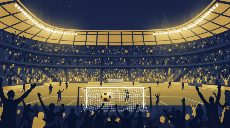 Illustration d'un stade européen illuminé la nuit avec un ballon doré au fond des filets