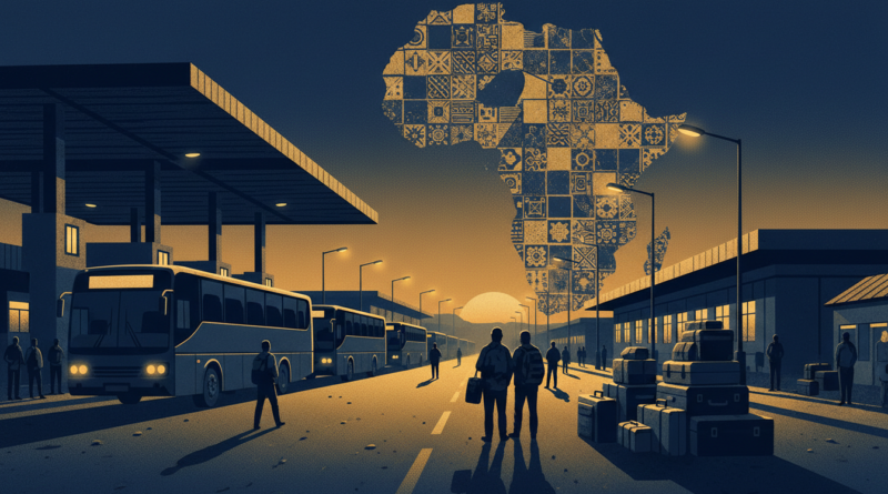 Illustration d'un poste-frontière avec des autocars et des valises, évoquant le retour de Zimbabwéens depuis l'Afrique du Sud
