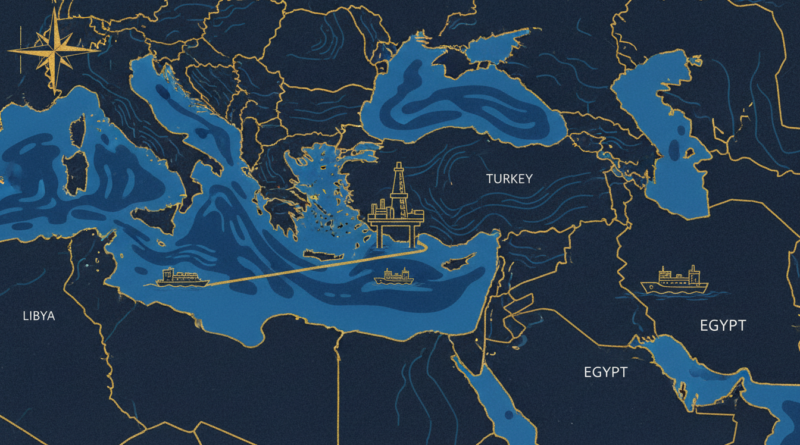 Illustration d'une carte de la Méditerranée orientale avec une ligne maritime entre la Libye et la Turquie