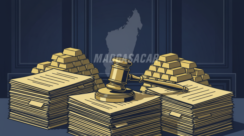 Illustration de lingots d'or et de dossiers judiciaires, évoquant les affaires de corruption suspendues à Madagascar
